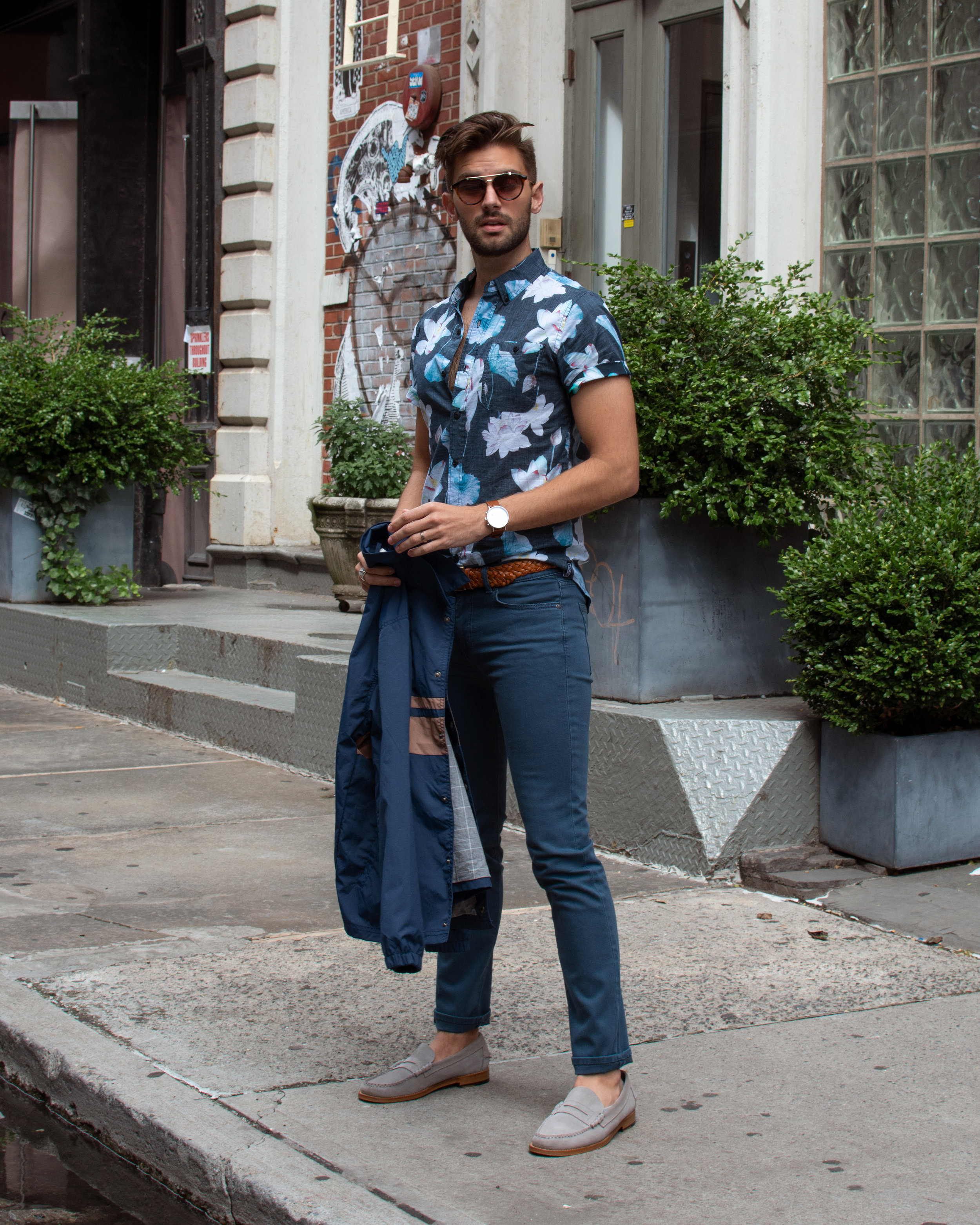 Blue floral cheap shirt outfit